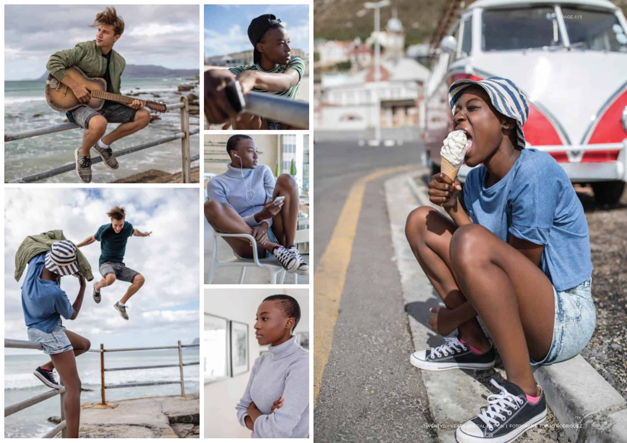 Eine Collage aus sechs Bildern von Freunden am Strand: ein junger Mann spielt Gitarre, zwei Personen sitzen zusammen, eine Frau isst Eis, zwei Freunde springen verspielt herum, ein anderer sitzt nachdenklich da und eine Nahaufnahme eines nachdenklichen Gesichts im Pullover. © Fotografie Tomas Rodriguez