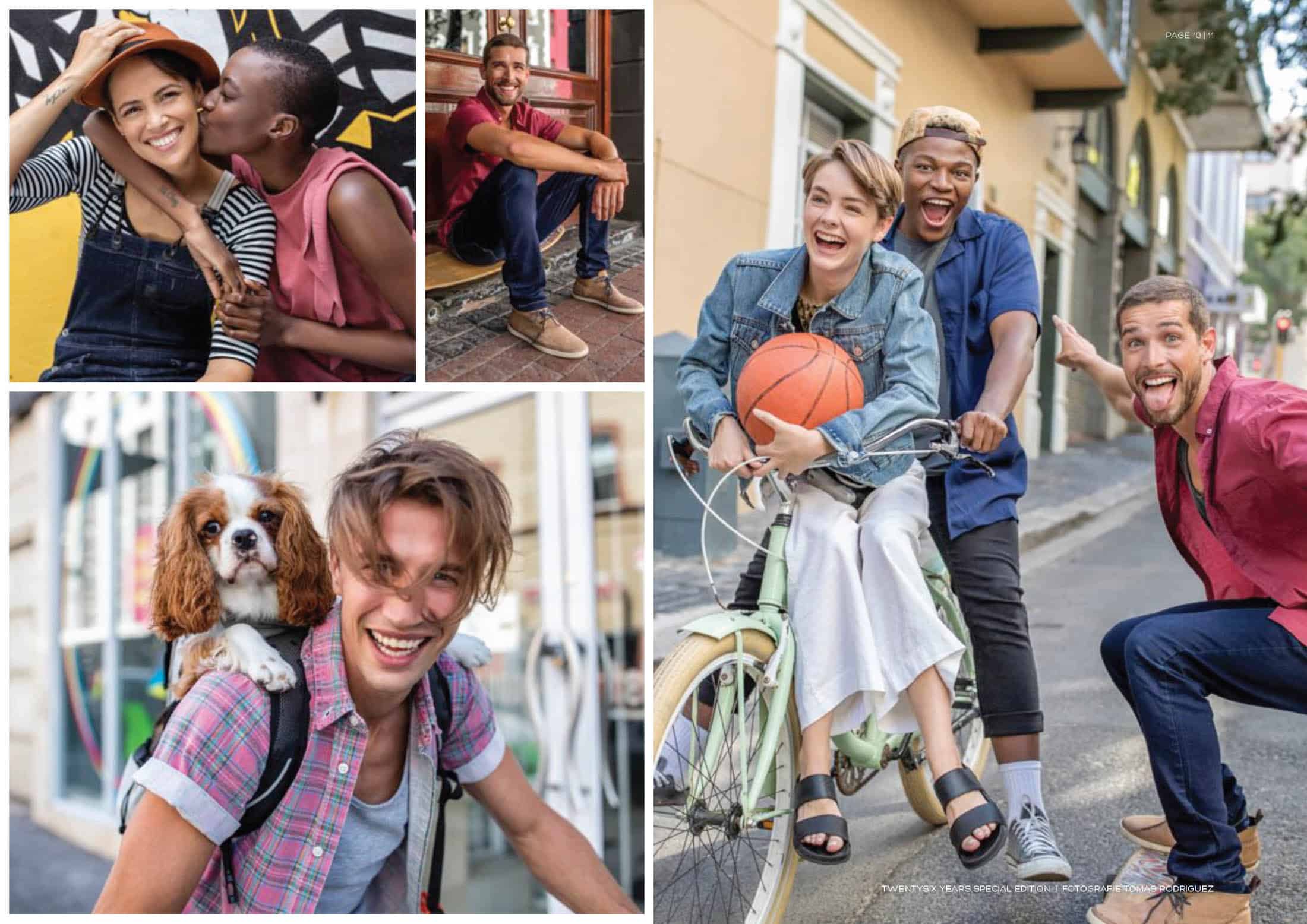 Eine Collage aus vier Bildern zeigt eine bunt gemischte Gruppe von Freunden, die verschiedenen Aktivitäten nachgehen. Sie lachen, küssen sich verspielt, posieren mit einem Hund und fahren mit einem Basketball Fahrrad. Sie strahlen eine lebendige, unbeschwerte Stimmung in einer städtischen Umgebung aus. © Fotografie Tomas Rodriguez