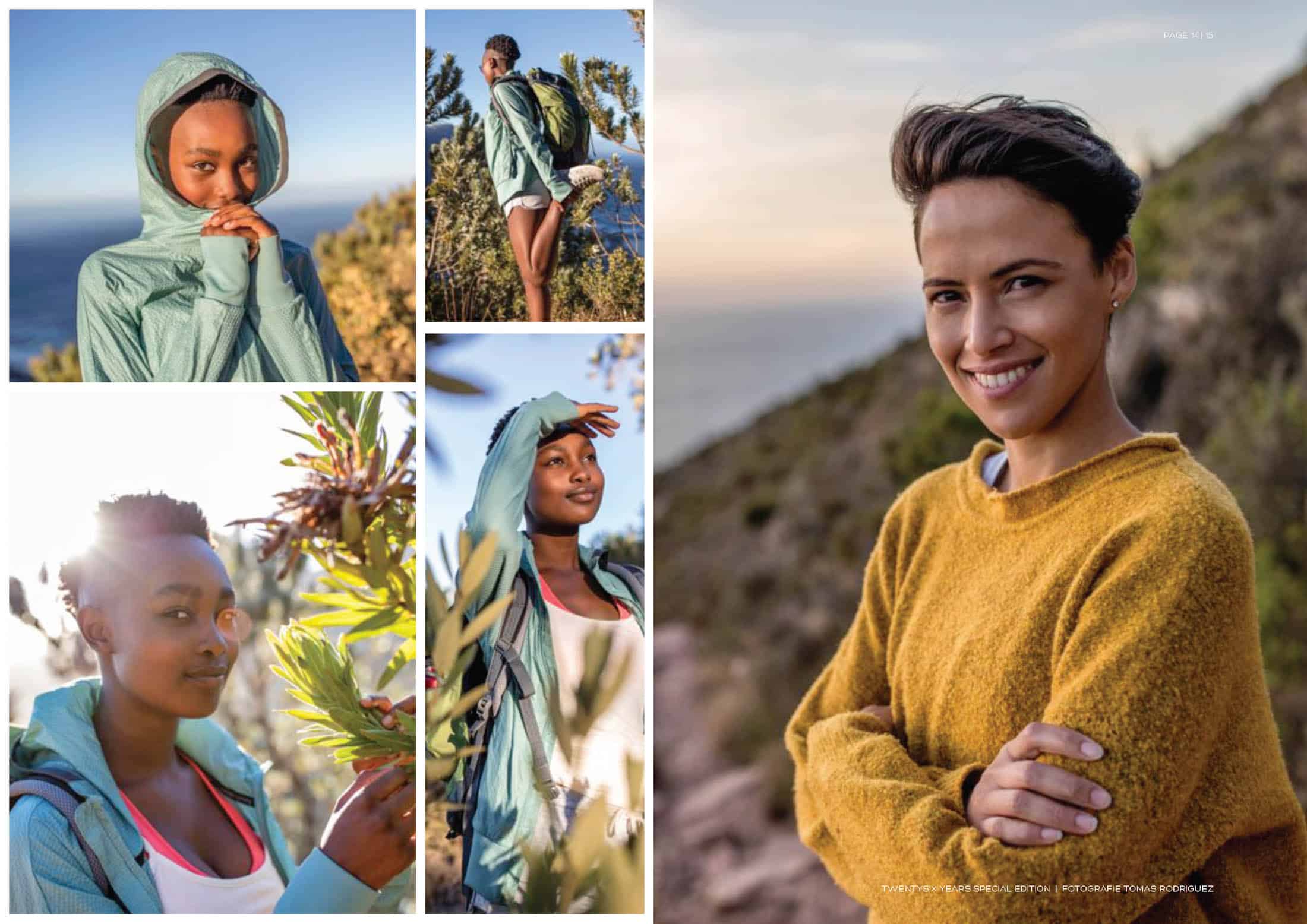 Eine Collage aus fünf Bildern, die eine Person draußen in der Natur zeigen. Die Person, in lässiger Outdoor-Kleidung gekleidet, ist in verschiedenen Posen zu sehen – einige Nahaufnahmen, andere Ganzkörperaufnahmen. Der Hintergrund zeigt Grünflächen und sonnenbeschienene Landschaften. © Fotografie Tomas Rodriguez