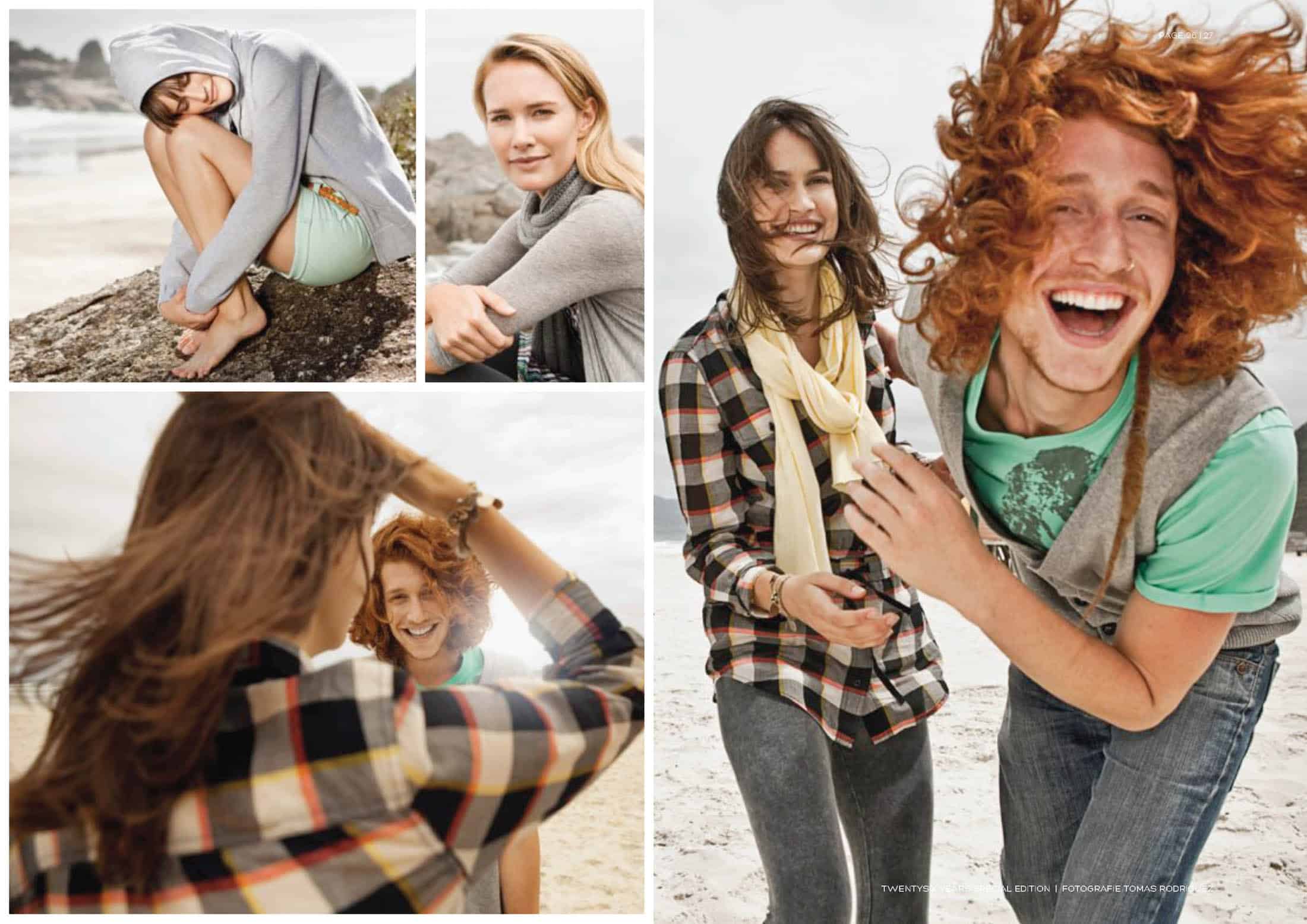 Eine Collage aus vier Bildern am Strand. Oben links: Person sitzt auf einem Felsen und umarmt ihre Knie. Oben rechts: Nahaufnahme einer Person mit grauem Kapuzenpullover. Unten links: Person mit langen Haaren hält Hut im Wind. Rechts: Zwei lachende Personen, eine mit lockigem rotem Haar. © Fotografie Tomas Rodriguez