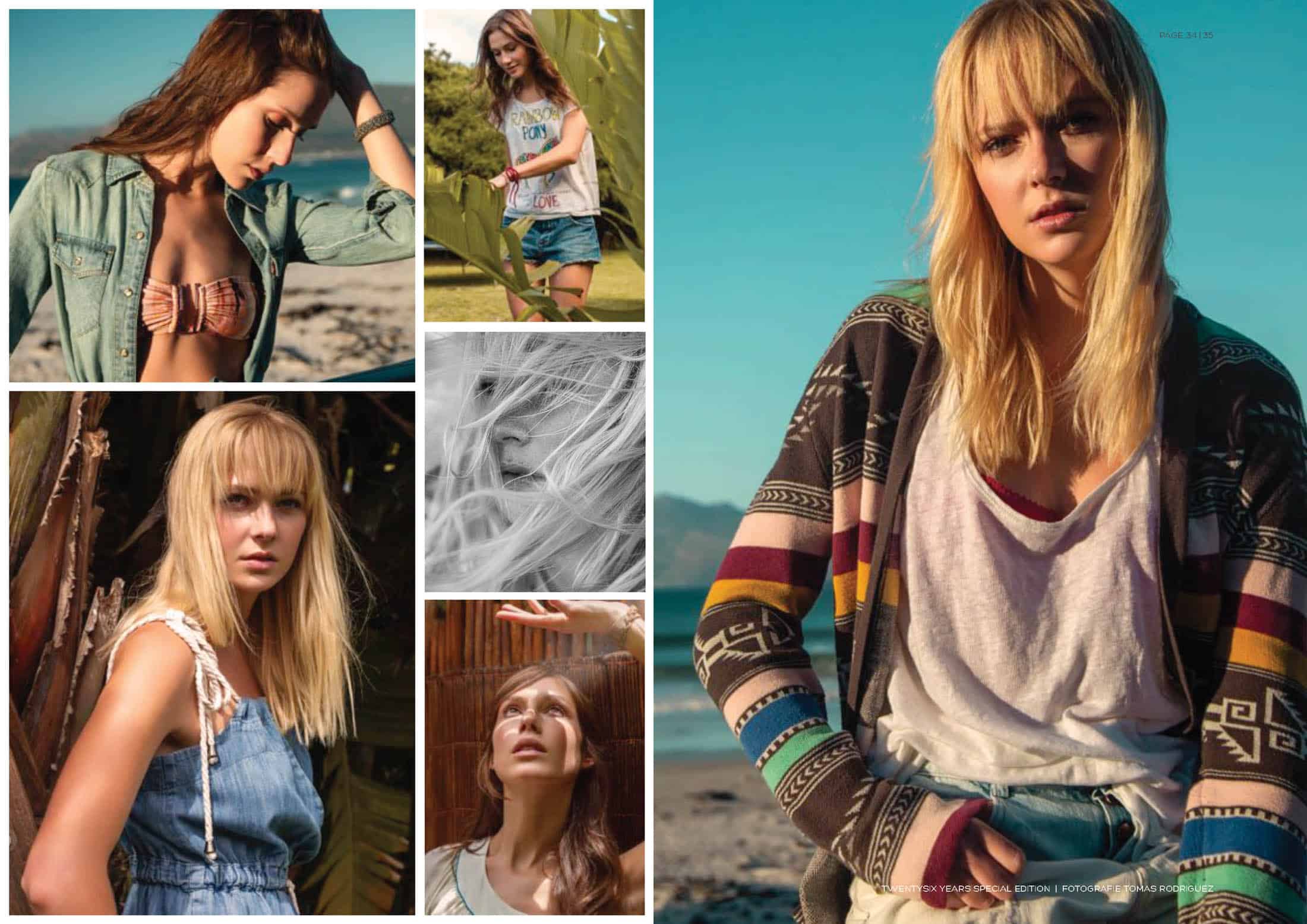 Eine Collage aus sechs Fotos, die eine junge Frau in verschiedenen Outdoor-Situationen zeigen. Auf jedem Bild trägt sie verschiedene Freizeitoutfits, darunter eine Jacke, ein Tanktop und einen Boho-Pullover. Der Hintergrund enthält natürliche Elemente wie Bäume, Berge und den Strand. © Fotografie Tomas Rodriguez