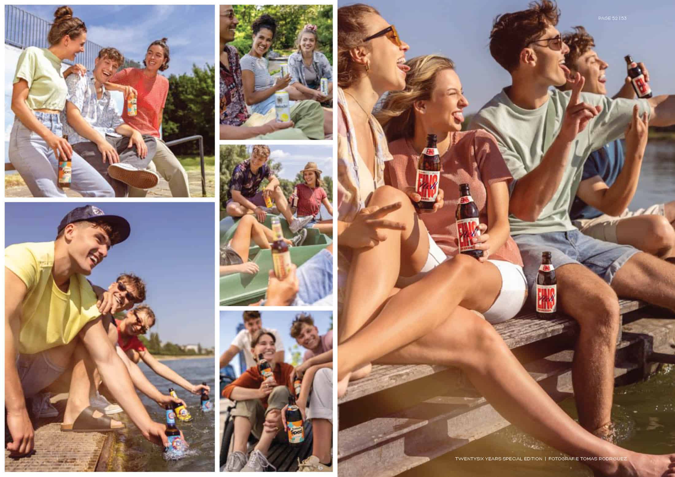 Eine Collage von Menschen, die im Freien Getränke genießen. Die Bilder zeigen Gruppen von Freunden, die lächeln, lachen und am Wasser und auf einer Wiese entspannen, wobei jeder eine Getränkeflasche in der Hand hält. Die Stimmung ist fröhlich und sommerlich. © Fotografie Tomas Rodriguez