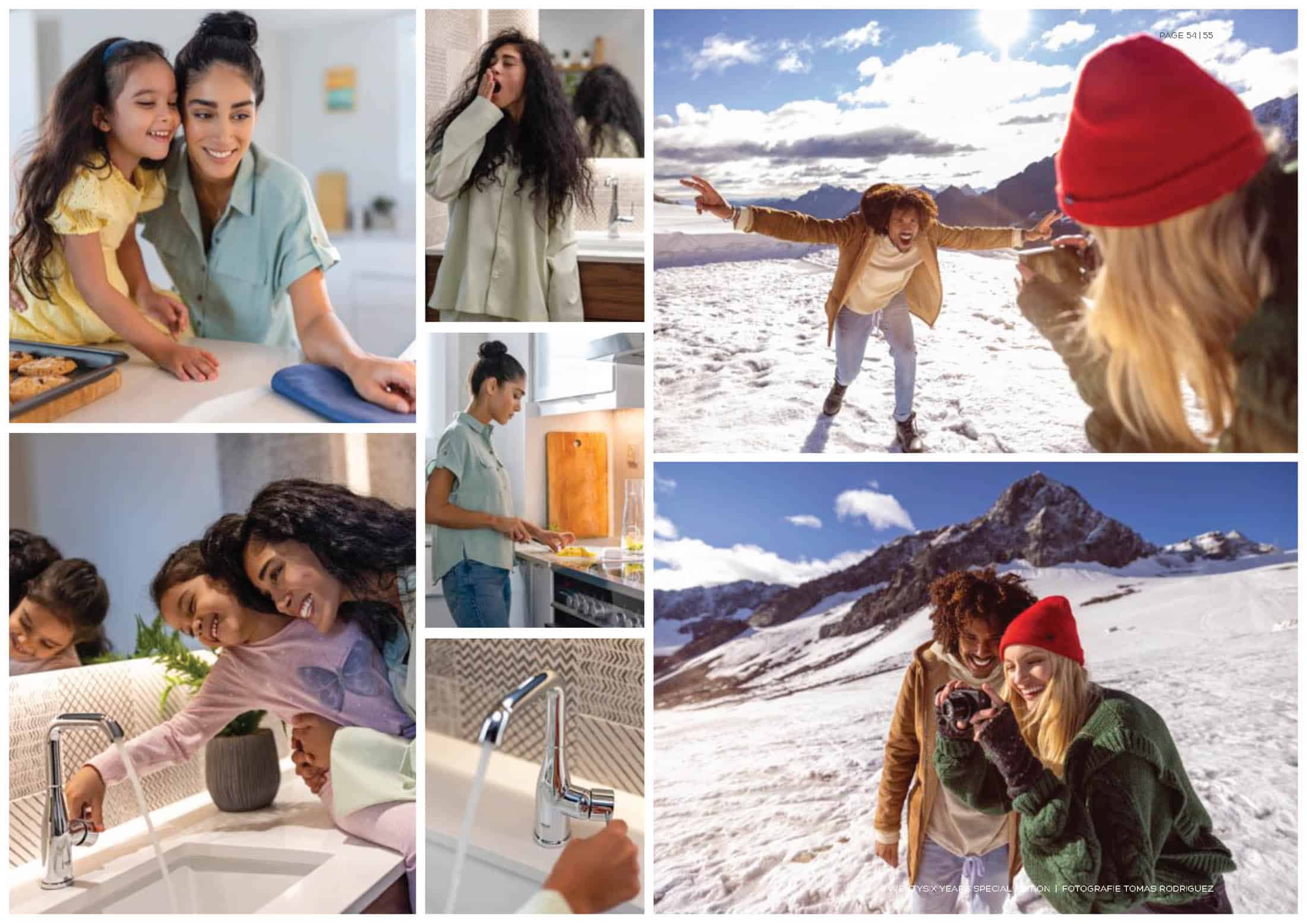 Eine Collage zeigt zwei Frauen beim Kochen, eine Frau beim Gähnen, eine Frau beim Waschen ihres Gesichts, einen Mann, der spielerisch auf einem schneebedeckten Berg posiert, während eine Frau eine Kamera hält, und eine Frau, die ihre Hände wäscht. Sie sind lächelnd und fröhlich verschiedenen Alltags- und Outdoor-Aktivitäten nachgegangen. © Fotografie Tomas Rodriguez