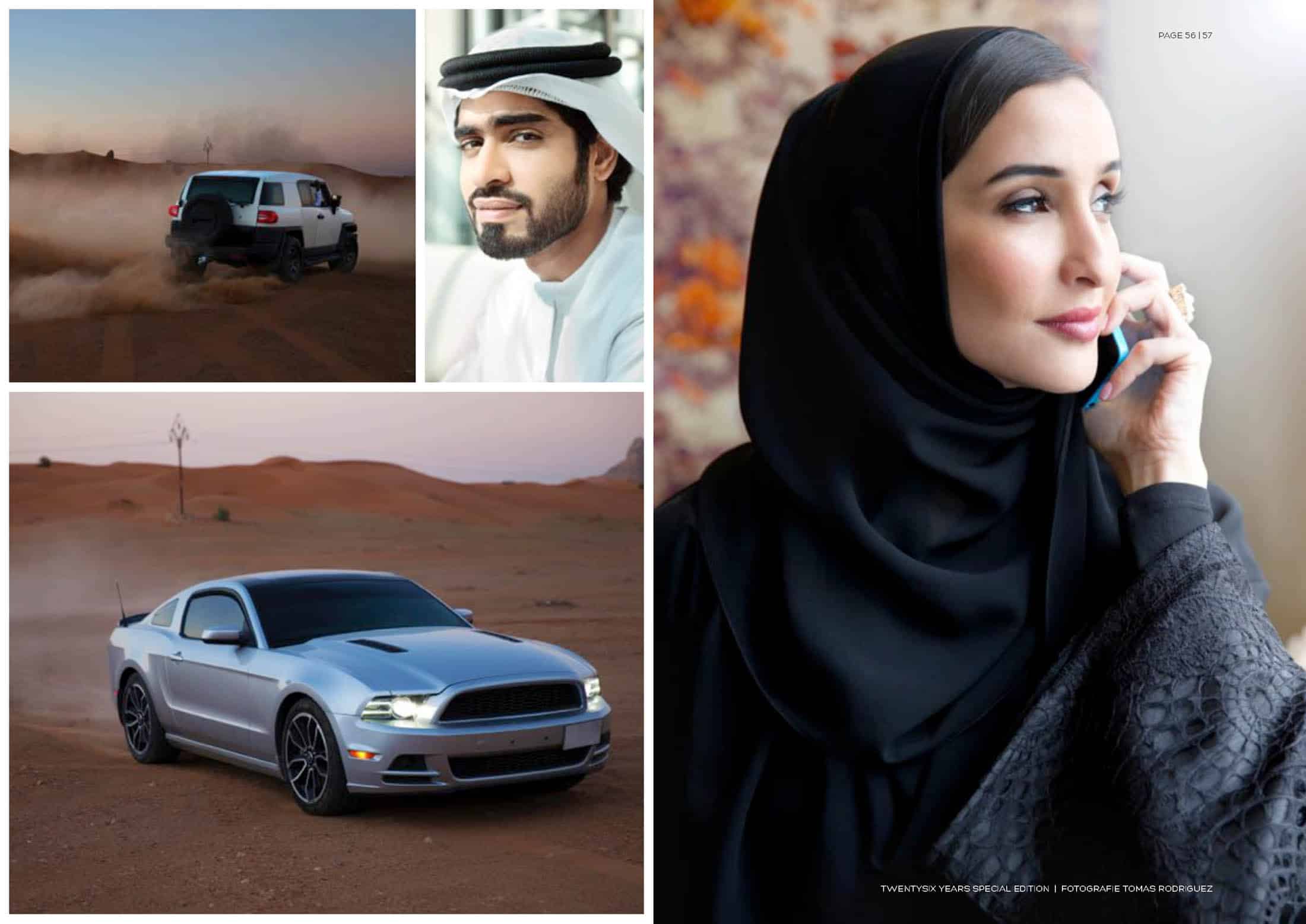 Eine Collage aus vier Bildern: ein silberner SUV, der im Gelände durch die Wüste fährt, eine Nahaufnahme eines Mannes in traditioneller Kleidung, ein silberner Sportwagen, der in der Wüste geparkt ist, und eine Frau in einer schwarzen Abaya, die vor dem Hintergrund von Herbstblättern ein Smartphone benutzt. © Fotografie Tomas Rodriguez