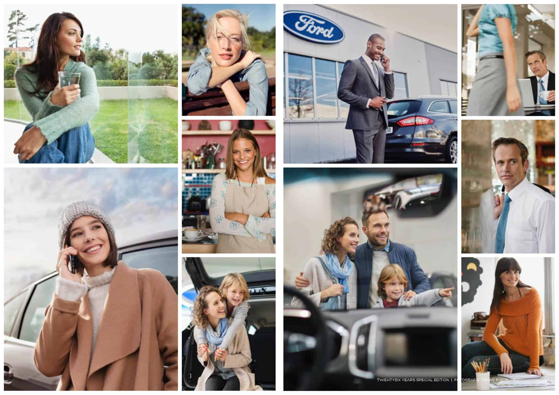 Eine Collage aus 10 Bildern mit Menschen in verschiedenen Situationen: beim Kaffeetrinken, beim Telefonieren, beim Autokauf bei einem Ford-Händler, ein Mann im Anzug, eine Frau mit Kind und ein Arzt. Die Szenen zeigen alltägliche Aktivitäten und Interaktionen. © Fotografie Tomas Rodriguez