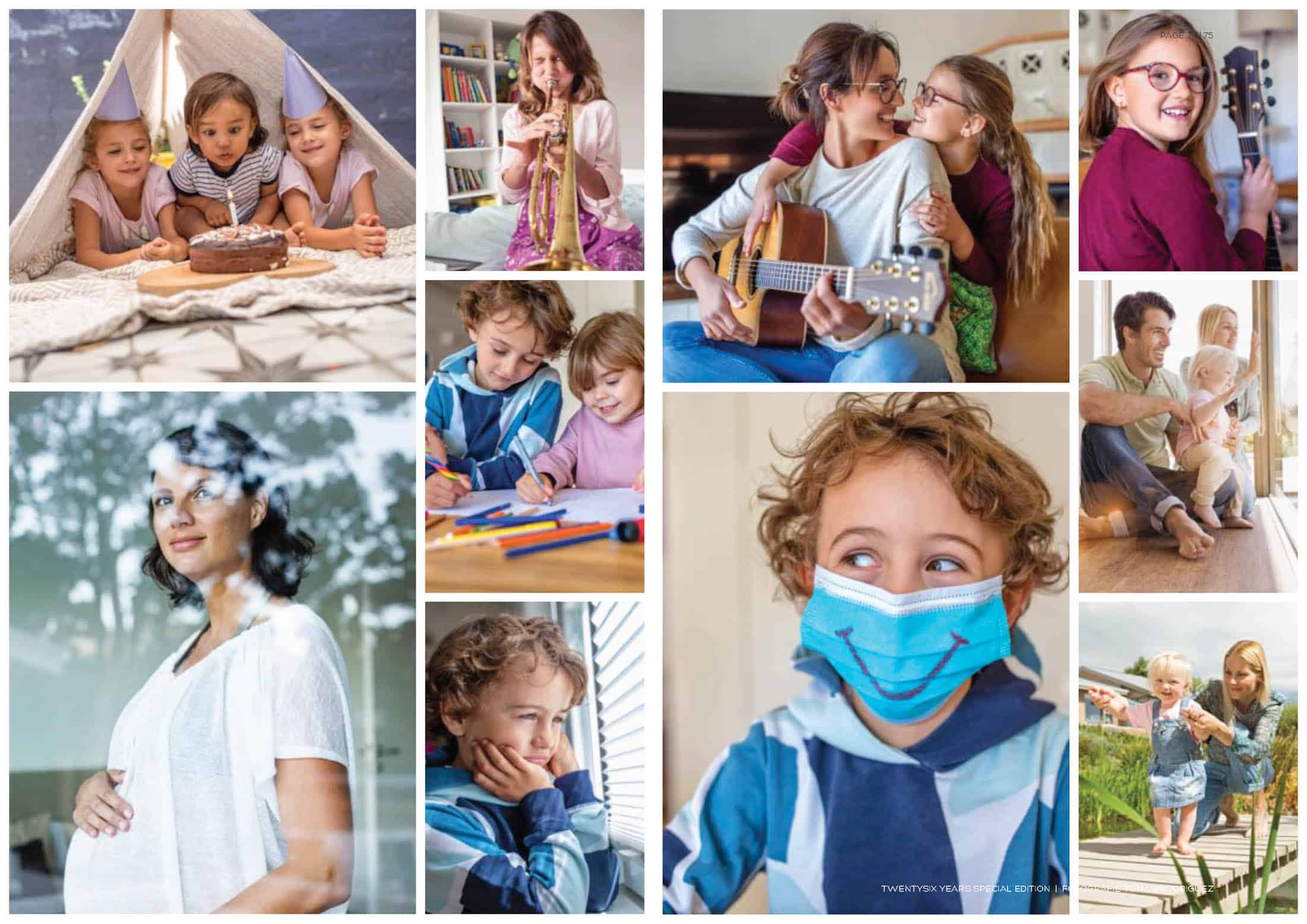 Eine Collage verschiedener freudiger Familienmomente: Kinder, die in einem Zelt Kuchen essen, eine Frau, die einem Mädchen vorliest, eine Frau, die mit einem Kind Gitarre spielt, ein lächelndes Mädchen mit einer Gitarre, eine schwangere Frau, malende Kinder, ein Kind mit einer Maske, ein lächelnder Junge und ein Vater mit Kindern. © Fotografie Tomas Rodriguez