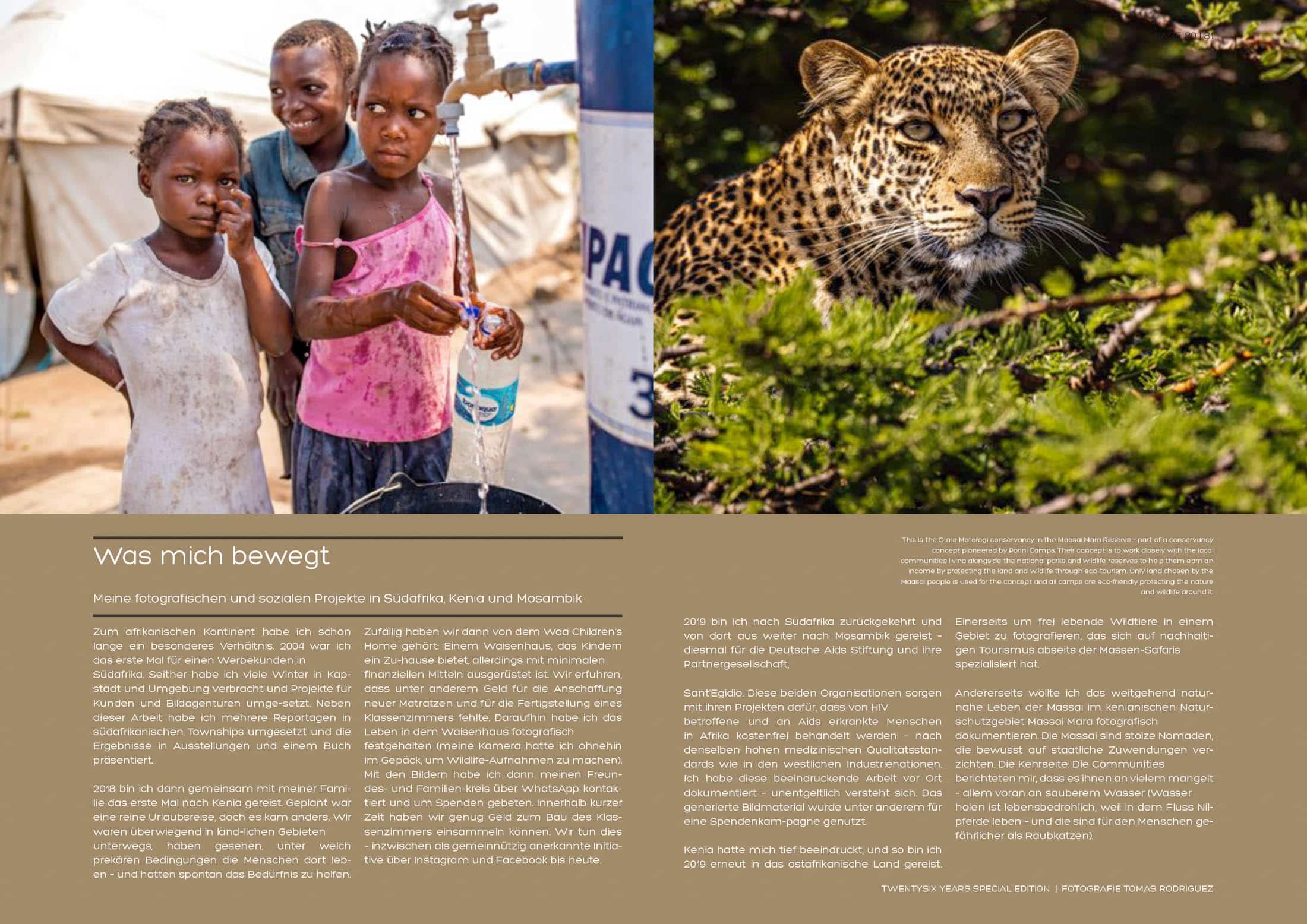 Ein Bild zeigt links ein halbseitiges Foto lächelnder afrikanischer Kinder neben einer Wasserquelle und rechts einen Leoparden, der in einem Baum ruht. Darunter befinden sich zwei Textspalten auf Deutsch, die fotografische und soziale Projekte in Kenia und Mosambik beschreiben. © Fotografie Tomas Rodriguez