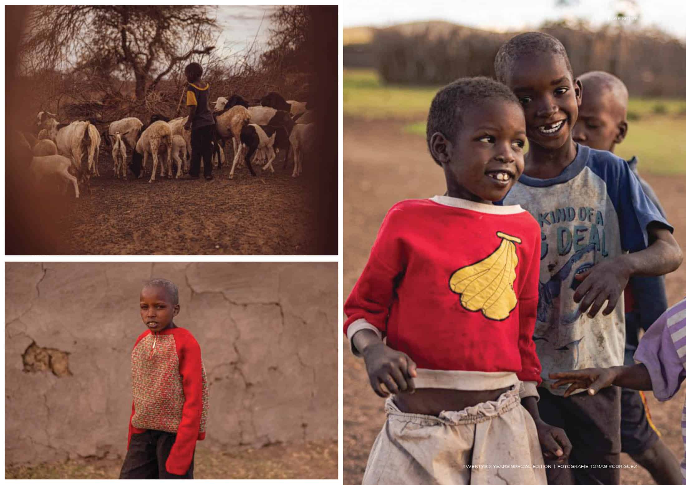 Oben links: Ein Kind hütet eine Schafherde in einer trockenen, ländlichen Landschaft. Unten links: Ein kleines Kind mit ernster Miene steht an einer Wand. Rechts: Drei lächelnde Kinder spielen zusammen im Freien. © Fotografie Tomas Rodriguez